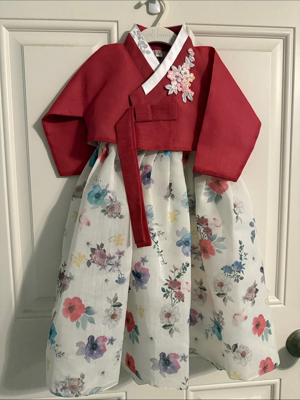 Kids Pink Hanbok Top with Floral Skirt 1T
